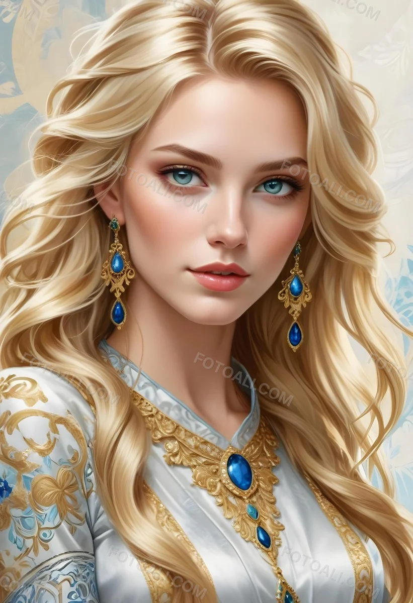 Digital Painting A Young Caucasian Woman With Long Wavy Blonde Hair And Striking Blue Eyes She Is Wearing Elegant Jewelry Including Large Green Earrings And A Matching Blue Gemstone Necklace The Background Features A 40 7af3