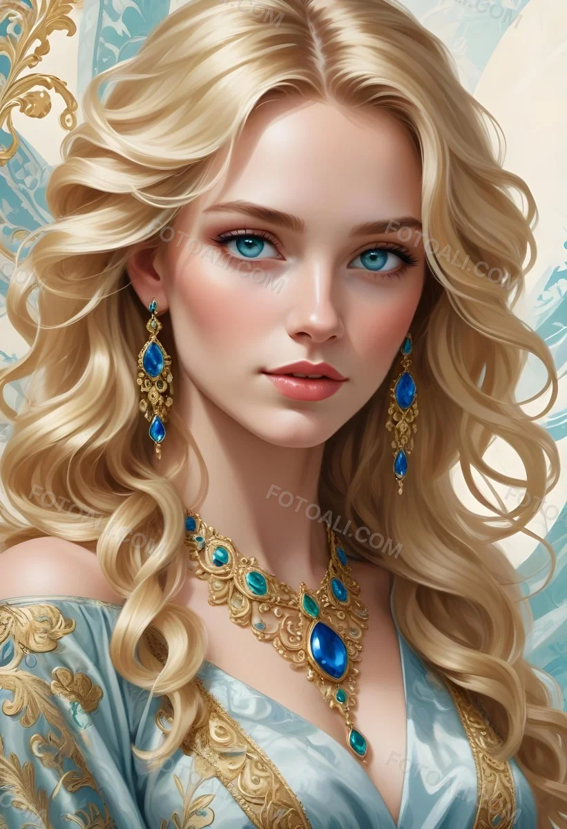 Digital Painting A Young Caucasian Woman With Long Wavy Blonde Hair And Striking Blue Eyes She Is Wearing Elegant Jewelry Including Large Green Earrings And A Matching Blue Gemstone Necklace The Background Features A 42 47c3