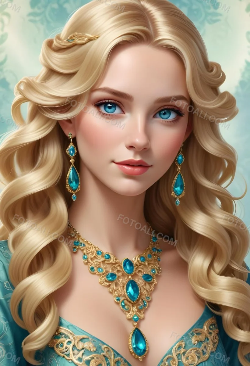 Digital Painting A Young Caucasian Woman With Long Wavy Blonde Hair And Striking Blue Eyes She Is Wearing Elegant Jewelry Including Large Green Earrings And A Matching Blue Gemstone Necklace The Background Features A 46 Eb97