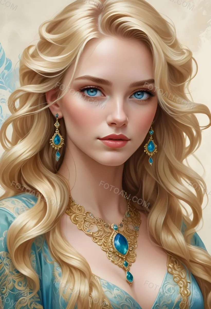 Digital Painting A Young Caucasian Woman With Long Wavy Blonde Hair And Striking Blue Eyes She Is Wearing Elegant Jewelry Including Large Green Earrings And A Matching Blue Gemstone Necklace The Background Features A 88 2bd1
