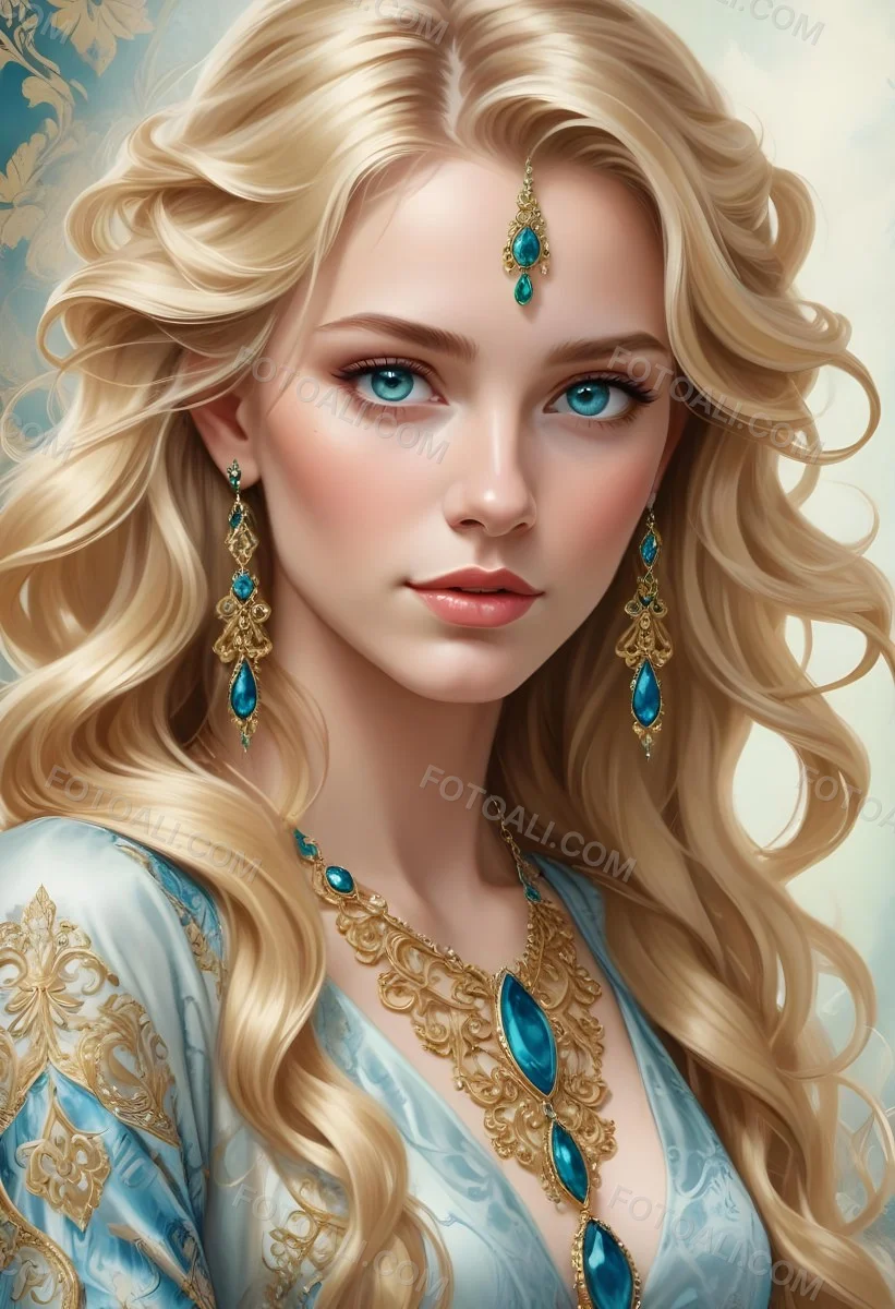 Digital Painting A Young Caucasian Woman With Long Wavy Blonde Hair And Striking Blue Eyes She Is Wearing Elegant Jewelry Including Large Green Earrings And A Matching Blue Gemstone Necklace The Background Features A 89 6a32