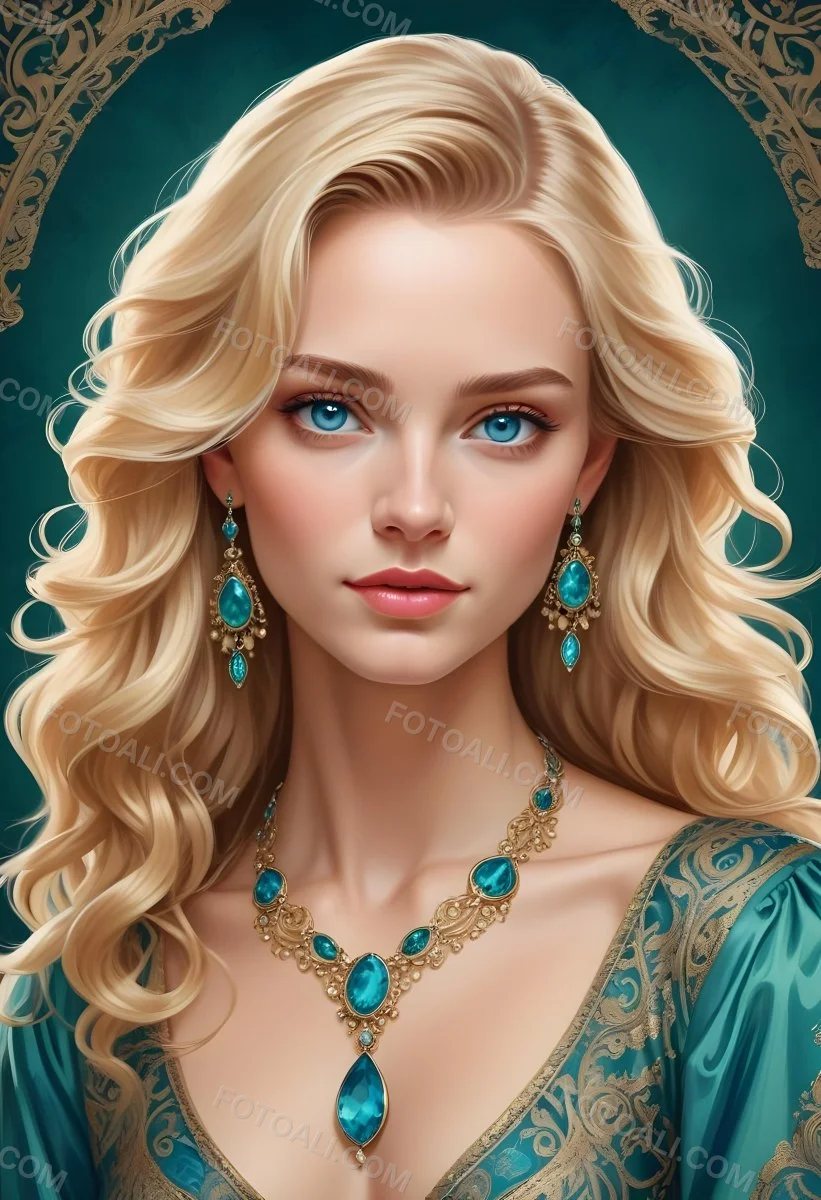 Digital Painting A Young Caucasian Woman With Long Wavy Blonde Hair And Striking Blue Eyes She Is Wearing Elegant Jewelry Including Large Green Earrings And A Matching Blue Gemstone Necklace The Background Features A 9 Cc81