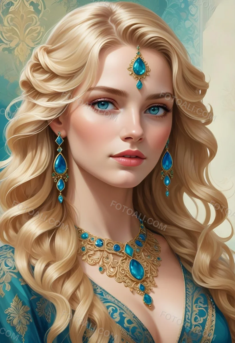 Digital Painting A Young Caucasian Woman With Long Wavy Blonde Hair And Striking Blue Eyes She Is Wearing Elegant Jewelry Including Large Green Earrings And A Matching Blue Gemstone Necklace The Background Features A 92 B71d