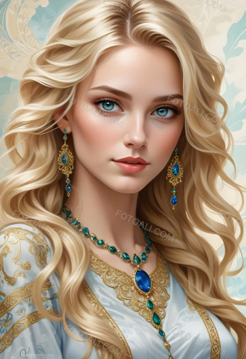 Digital Painting A Young Caucasian Woman With Long Wavy Blonde Hair And Striking Blue Eyes She Is Wearing Elegant Jewelry Including Large Green Earrings And A Matching Blue Gemstone Necklace The Background Features A 95 6cb0