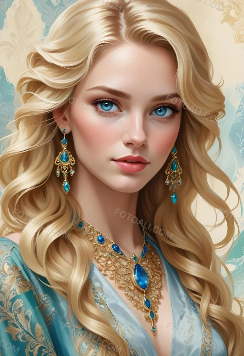 Digital Painting A Young Caucasian Woman With Long Wavy Blonde Hair And Striking Blue Eyes She Is Wearing Elegant Jewelry Including Large Green Earrings And A Matching Blue Gemstone Necklace The Background Features A 98 Be92