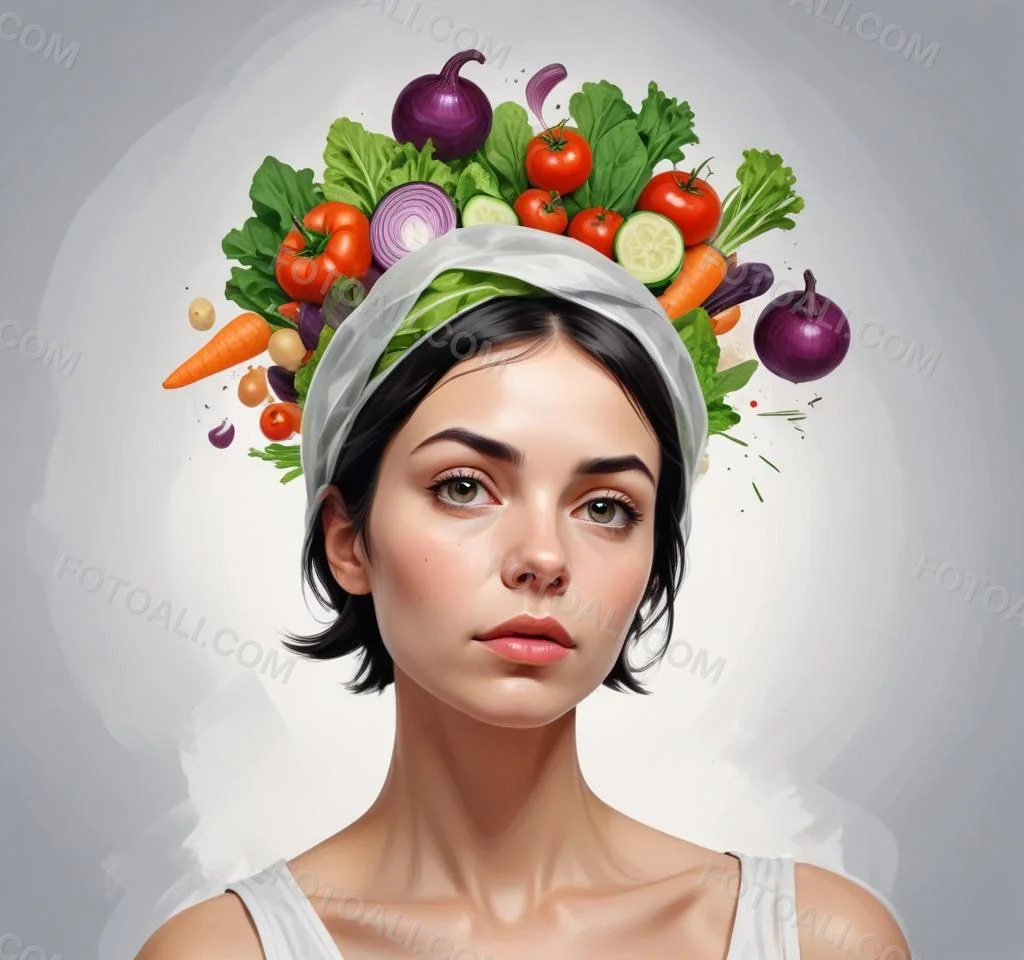 Digital Painting A Young Caucasian Woman With Short Dark Hair Looking Thoughtfully At The Camera With Various Fresh Vegetables And Salad Ingredients Floating Around Her Head Bold And Slim Lines Brush Strokes 1 E310