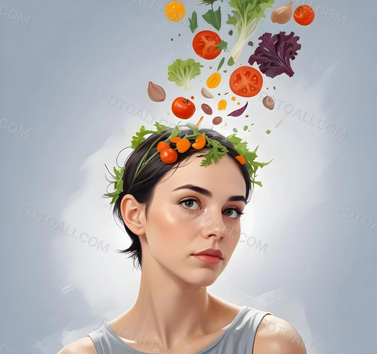 Digital Painting A Young Caucasian Woman With Short Dark Hair Looking Thoughtfully At The Camera With Various Fresh Vegetables And Salad Ingredients Floating Around Her Head Bold And Slim Lines Brush Strokes 3 132c
