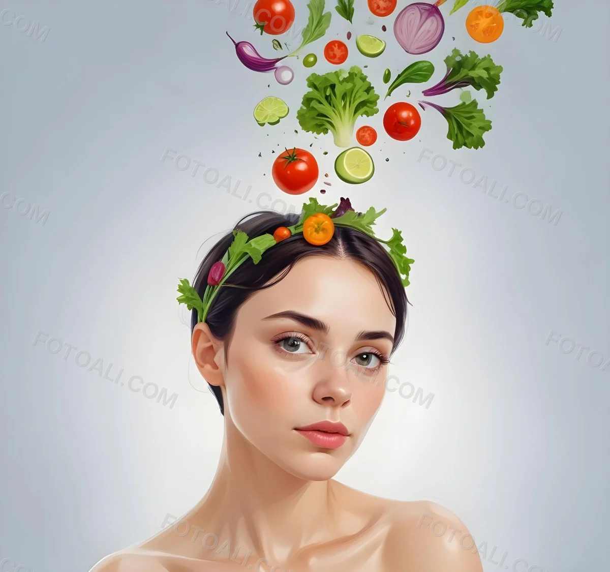 Digital Painting A Young Caucasian Woman With Short Dark Hair Looking Thoughtfully At The Camera With Various Fresh Vegetables And Salad Ingredients Floating Around Her Head Bold And Slim Lines Brush Strokes 4 Fecb
