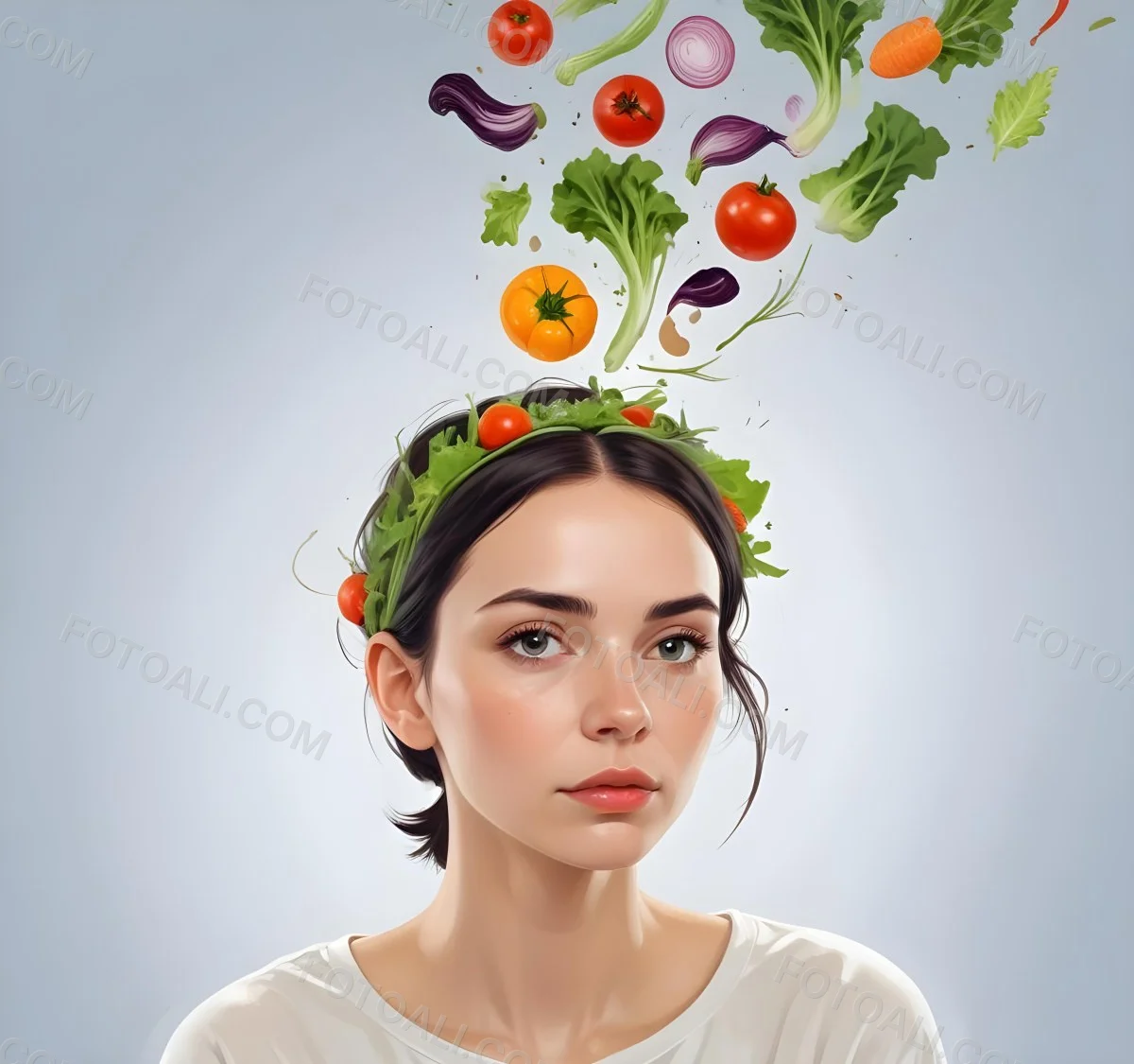 Digital Painting A Young Caucasian Woman With Short Dark Hair Looking Thoughtfully At The Camera With Various Fresh Vegetables And Salad Ingredients Floating Around Her Head Bold And Slim Lines Brush Strokes 6 4e02