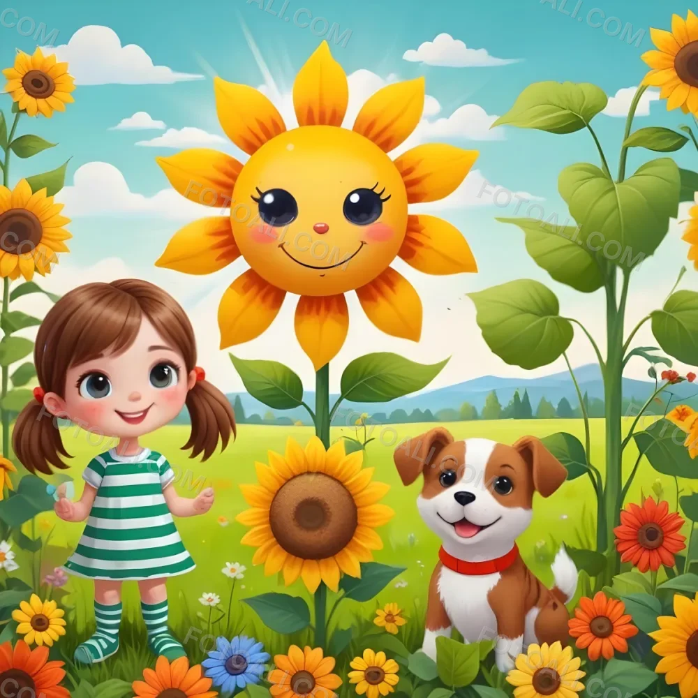 Digital Painting A Young Girl With Brown Hair And Pigtails Wearing A Green Dress And Striped Socks Stands In A Colorful Garden She Is Surrounded By Cheerful Flowers Including A Large Smiling Sunflower And A Small 3afa