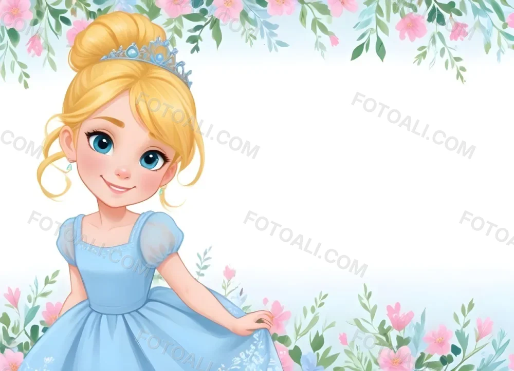 Digital Painting A Young Girl With Fair Skin And Blonde Hair Styled In A Bun Wearing A Light Blue Dress And A Tiara She Has Large Blue Eyes And Is Smiling Positioned To The Left Of A White Space Framed With A Flora 11 E4a6