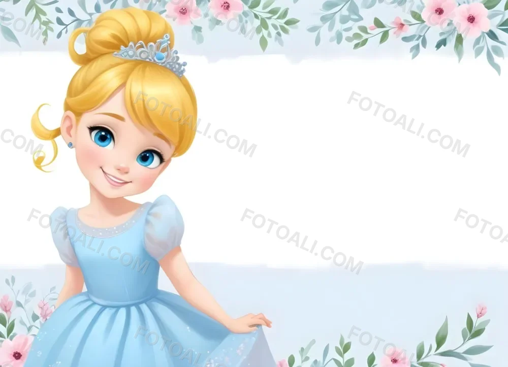 Digital Painting A Young Girl With Fair Skin And Blonde Hair Styled In A Bun Wearing A Light Blue Dress And A Tiara She Has Large Blue Eyes And Is Smiling Positioned To The Left Of A White Space Framed With A Flora 12 7f52