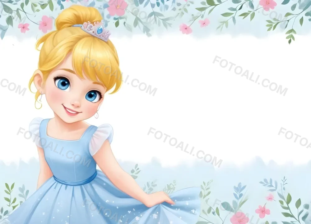 Digital Painting A Young Girl With Fair Skin And Blonde Hair Styled In A Bun Wearing A Light Blue Dress And A Tiara She Has Large Blue Eyes And Is Smiling Positioned To The Left Of A White Space Framed With A Flora 15 08f1