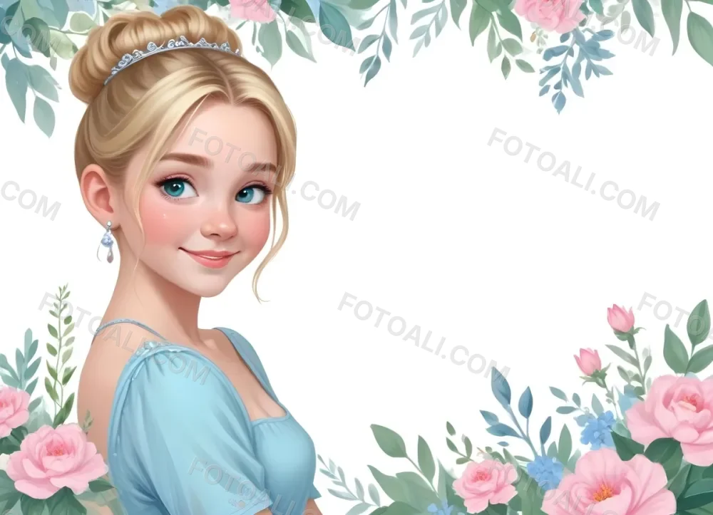 Digital Painting A Young Girl With Fair Skin And Blonde Hair Styled In A Bun Wearing A Light Blue Dress And A Tiara She Has Large Blue Eyes And Is Smiling Positioned To The Left Of A White Space Framed With A Flora 16 E5fa