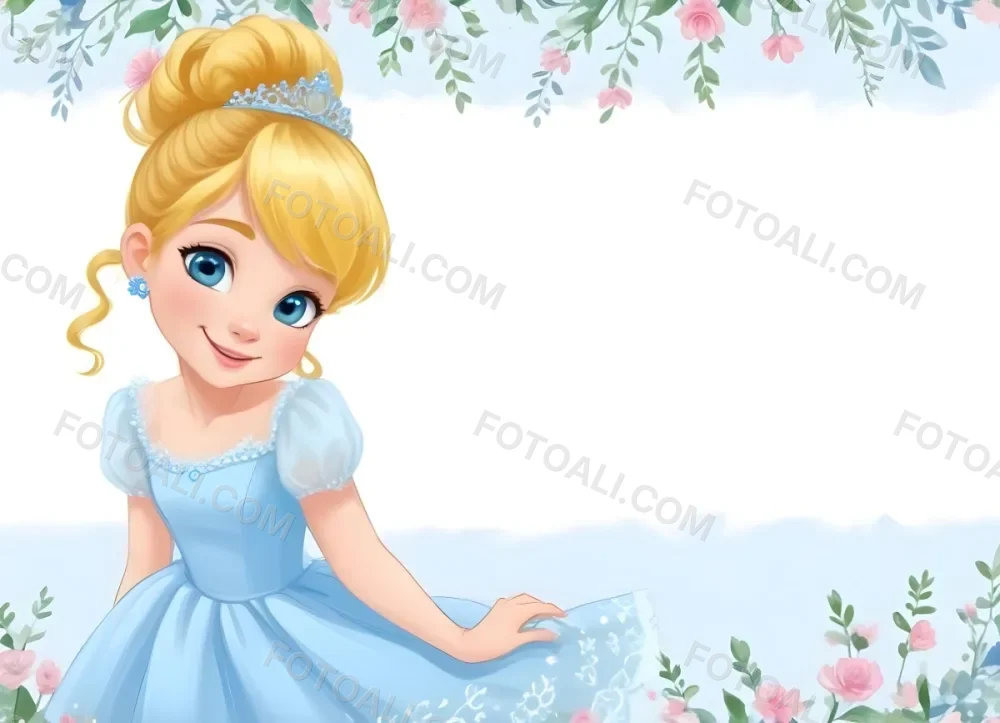 Digital Painting A Young Girl With Fair Skin And Blonde Hair Styled In A Bun Wearing A Light Blue Dress And A Tiara She Has Large Blue Eyes And Is Smiling Positioned To The Left Of A White Space Framed With A Flora 17 Bd3c