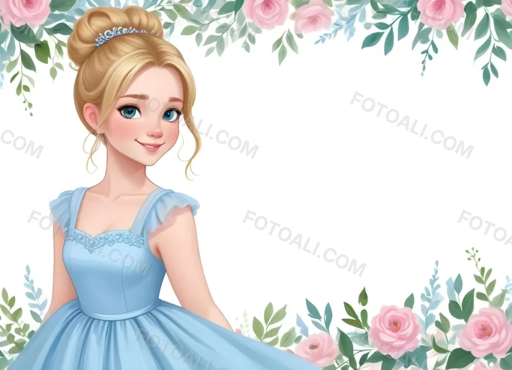 Digital Painting A Young Girl With Fair Skin And Blonde Hair Styled In A Bun Wearing A Light Blue Dress And A Tiara She Has Large Blue Eyes And Is Smiling Positioned To The Left Of A White Space Framed With A Flora 18 F864