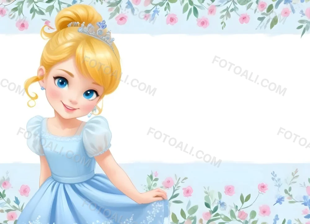 Digital Painting A Young Girl With Fair Skin And Blonde Hair Styled In A Bun Wearing A Light Blue Dress And A Tiara She Has Large Blue Eyes And Is Smiling Positioned To The Left Of A White Space Framed With A Flora 19 C84f