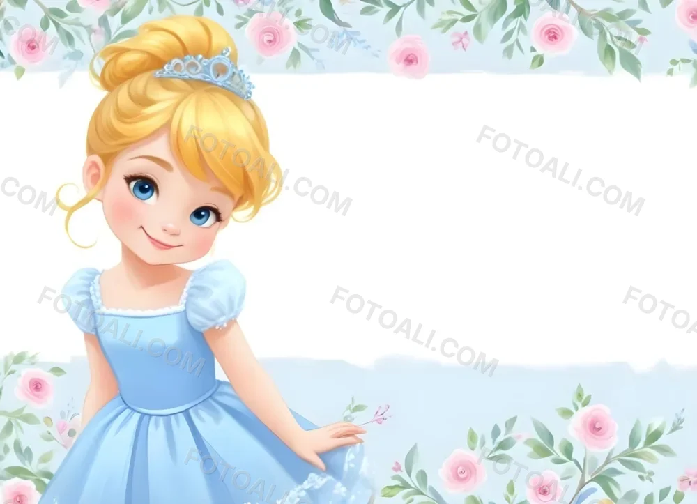 Digital Painting A Young Girl With Fair Skin And Blonde Hair Styled In A Bun Wearing A Light Blue Dress And A Tiara She Has Large Blue Eyes And Is Smiling Positioned To The Left Of A White Space Framed With A Flora 20 9e6a