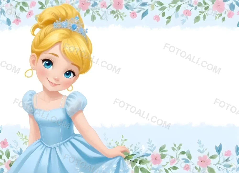 Digital Painting A Young Girl With Fair Skin And Blonde Hair Styled In A Bun Wearing A Light Blue Dress And A Tiara She Has Large Blue Eyes And Is Smiling Positioned To The Left Of A White Space Framed With A Flora 3 Ef82