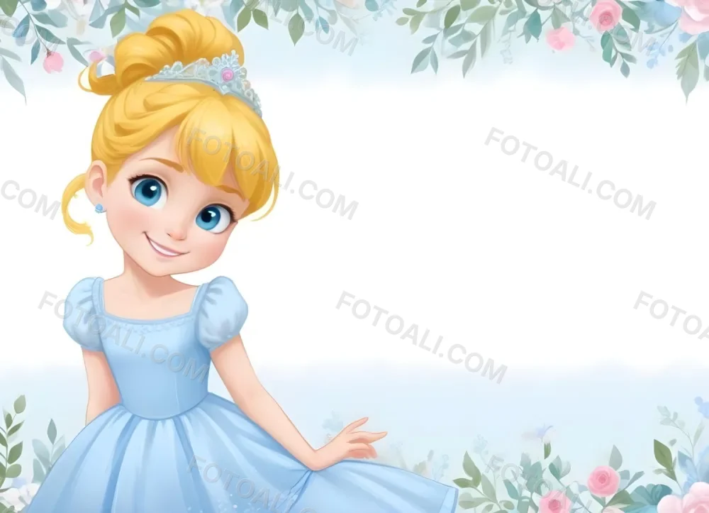 Digital Painting A Young Girl With Fair Skin And Blonde Hair Styled In A Bun Wearing A Light Blue Dress And A Tiara She Has Large Blue Eyes And Is Smiling Positioned To The Left Of A White Space Framed With A Flora 4 3e3c