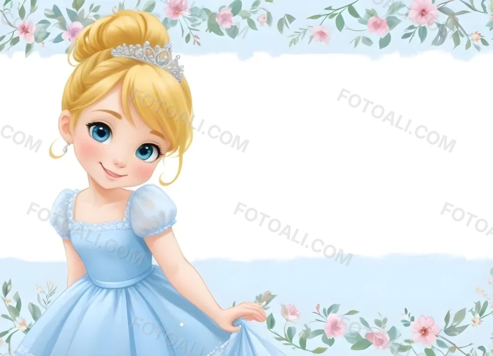 Digital Painting A Young Girl With Fair Skin And Blonde Hair Styled In A Bun Wearing A Light Blue Dress And A Tiara She Has Large Blue Eyes And Is Smiling Positioned To The Left Of A White Space Framed With A Flora 5 02fd
