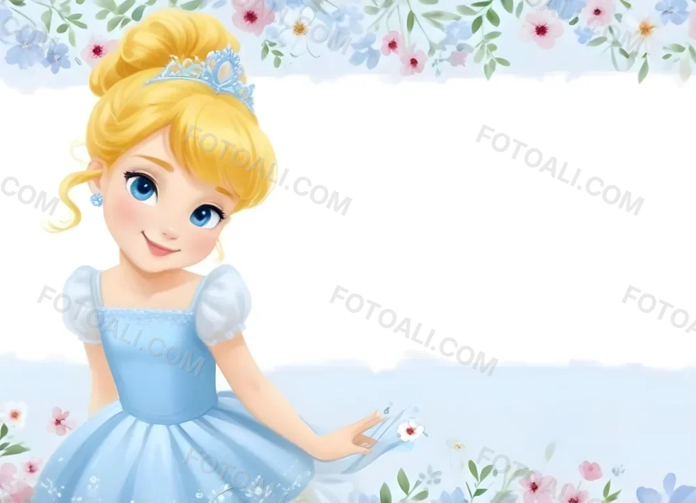 Digital Painting A Young Girl With Fair Skin And Blonde Hair Styled In A Bun Wearing A Light Blue Dress And A Tiara She Has Large Blue Eyes And Is Smiling Positioned To The Left Of A White Space Framed With A Flora 6 796a