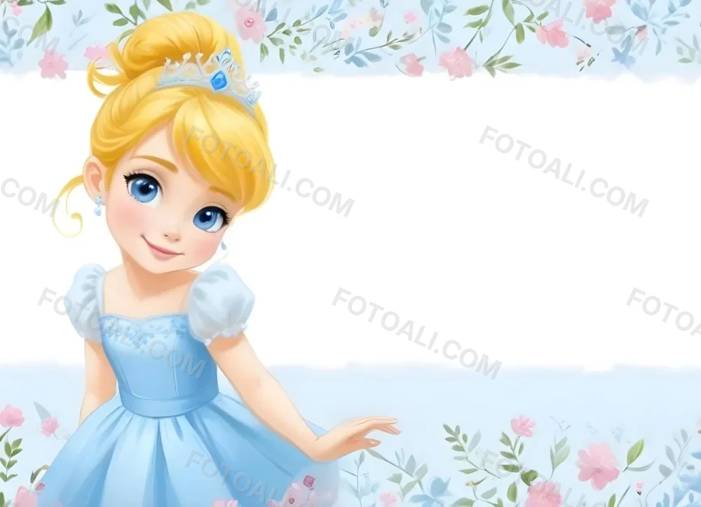 Digital Painting A Young Girl With Fair Skin And Blonde Hair Styled In A Bun Wearing A Light Blue Dress And A Tiara She Has Large Blue Eyes And Is Smiling Positioned To The Left Of A White Space Framed With A Flora 7 F445
