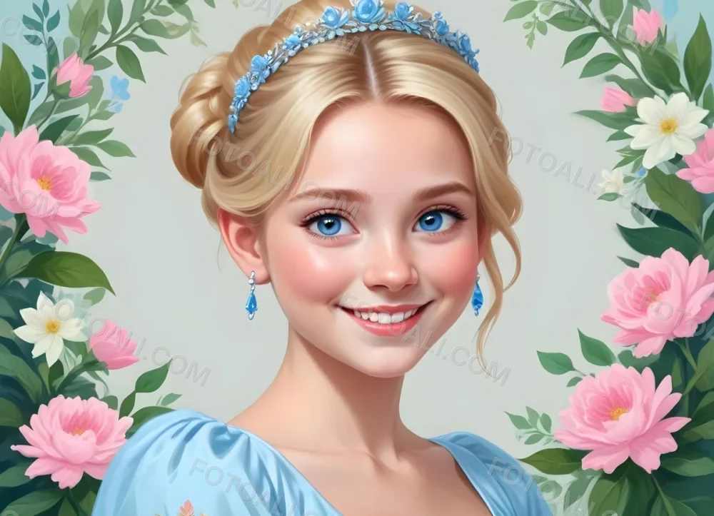 Digital Painting A Young Girl With Fair Skin And Blonde Hair Styled In A Bun Wearing A Light Blue Dress And A Tiara She Has Large Blue Eyes And Is Smiling Positioned To The Left Of A White Space Framed With A Flora 9 7c7f