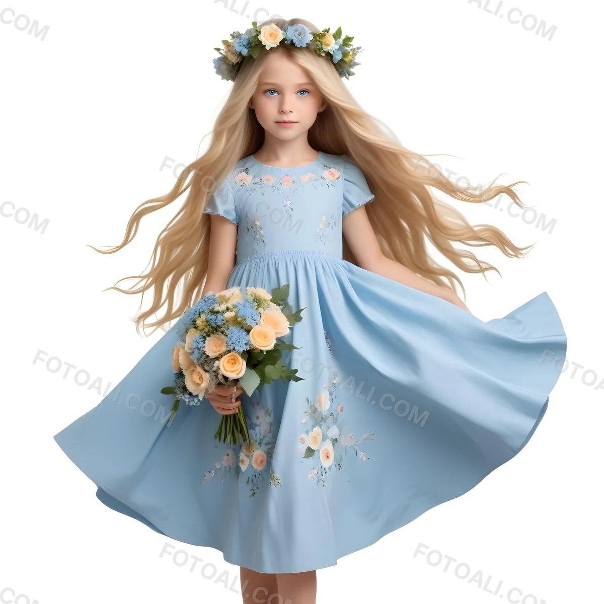 Digital Painting A Young Girl With Long Flowing Blonde Hair And Blue Eyes Wearing A Light Blue Dress Adorned With Floral Patterns She Holds A Bouquet Of Flowers And Wears A Floral Crown The Dress Has A Flared Skirt 12 4cdf