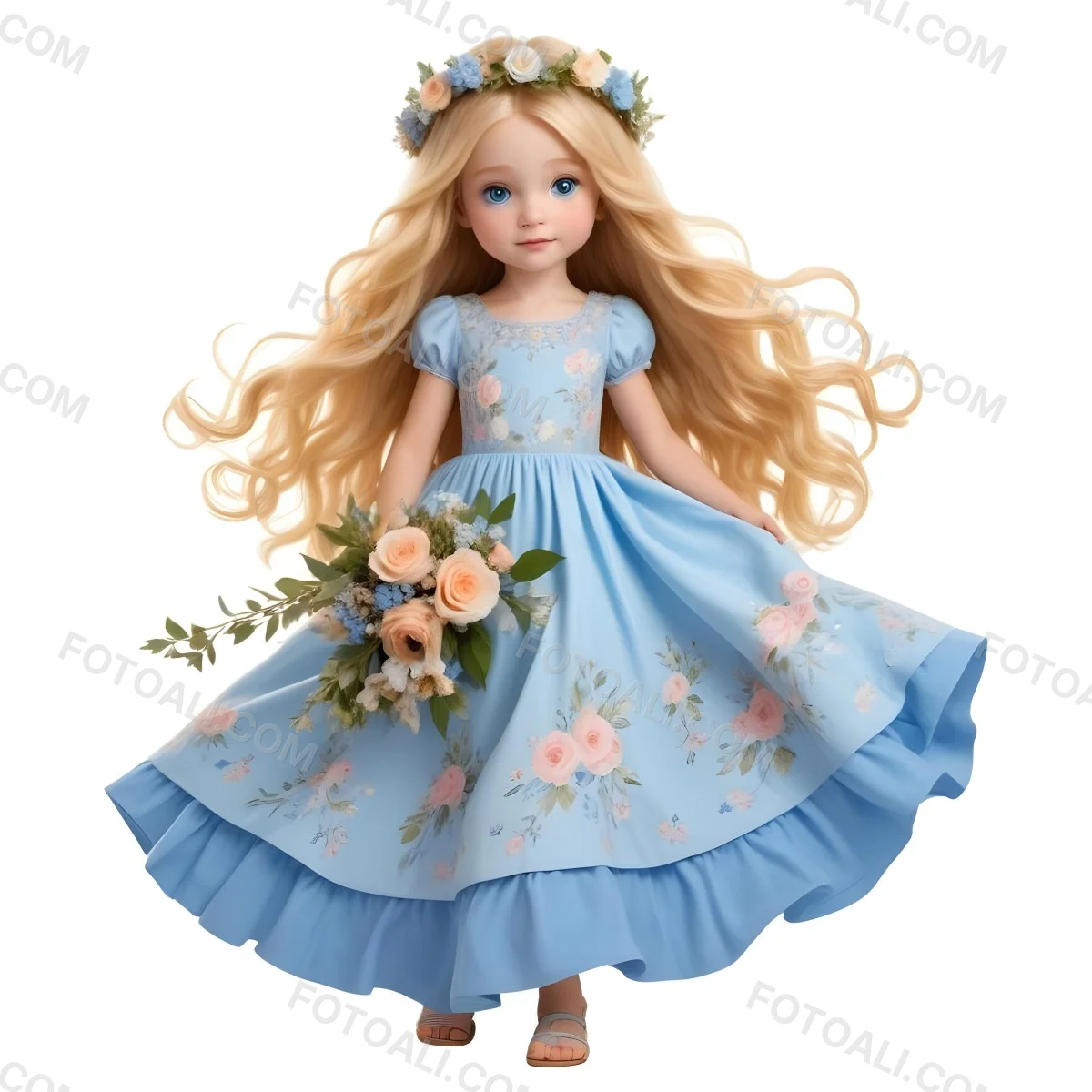 Digital Painting A Young Girl With Long Flowing Blonde Hair And Blue Eyes Wearing A Light Blue Dress Adorned With Floral Patterns She Holds A Bouquet Of Flowers And Wears A Floral Crown The Dress Has A Flared Skirt 15 Ce19