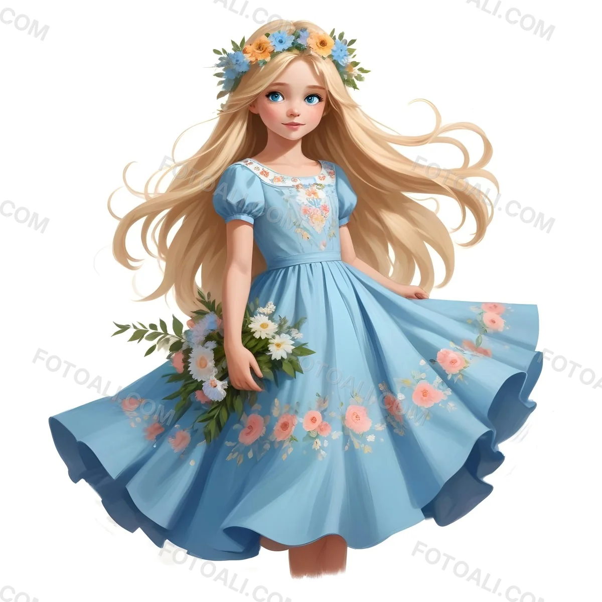Digital Painting A Young Girl With Long Flowing Blonde Hair And Blue Eyes Wearing A Light Blue Dress Adorned With Floral Patterns She Holds A Bouquet Of Flowers And Wears A Floral Crown The Dress Has A Flared Skirt 18 4452