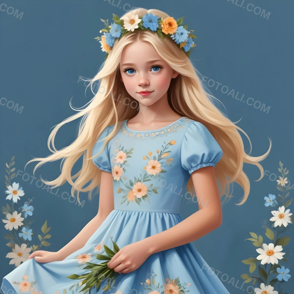 Digital Painting A Young Girl With Long Flowing Blonde Hair And Blue Eyes Wearing A Light Blue Dress Adorned With Floral Patterns She Holds A Bouquet Of Flowers And Wears A Floral Crown The Dress Has A Flared Skirt 19 947e
