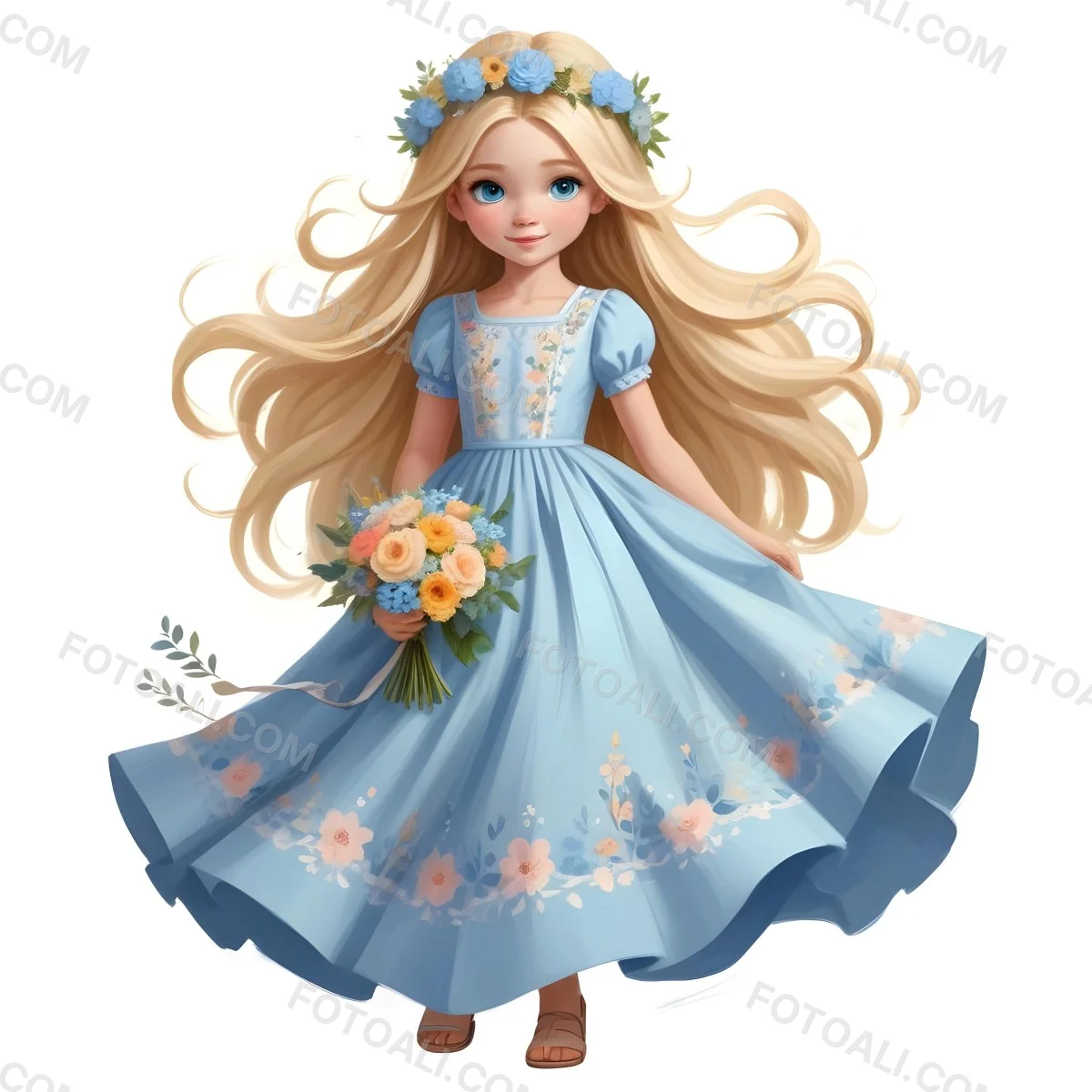 Digital Painting A Young Girl With Long Flowing Blonde Hair And Blue Eyes Wearing A Light Blue Dress Adorned With Floral Patterns She Holds A Bouquet Of Flowers And Wears A Floral Crown The Dress Has A Flared Skirt 21 C4e3