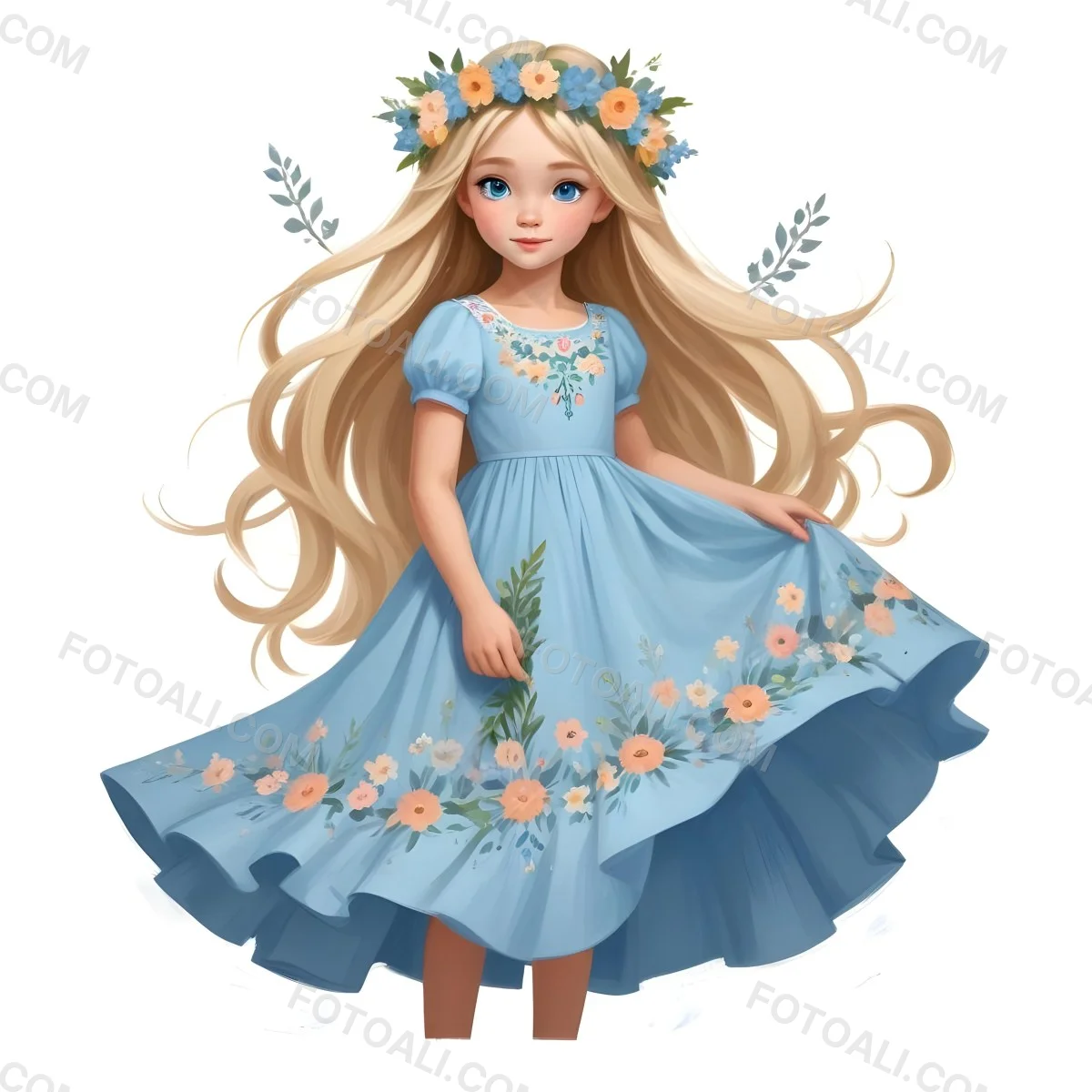 Digital Painting A Young Girl With Long Flowing Blonde Hair And Blue Eyes Wearing A Light Blue Dress Adorned With Floral Patterns She Holds A Bouquet Of Flowers And Wears A Floral Crown The Dress Has A Flared Skirt 23 97c2