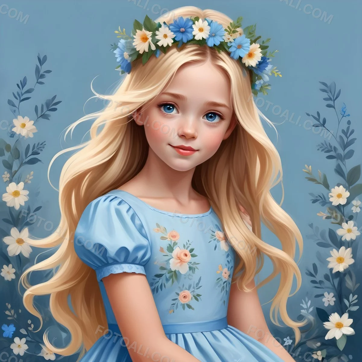 Digital Painting A Young Girl With Long Flowing Blonde Hair And Blue Eyes Wearing A Light Blue Dress Adorned With Floral Patterns She Holds A Bouquet Of Flowers And Wears A Floral Crown The Dress Has A Flared Skirt 28 A628
