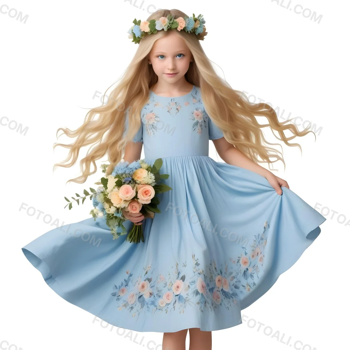 Digital Painting A Young Girl With Long Flowing Blonde Hair And Blue Eyes Wearing A Light Blue Dress Adorned With Floral Patterns She Holds A Bouquet Of Flowers And Wears A Floral Crown The Dress Has A Flared Skirt 3 F29a