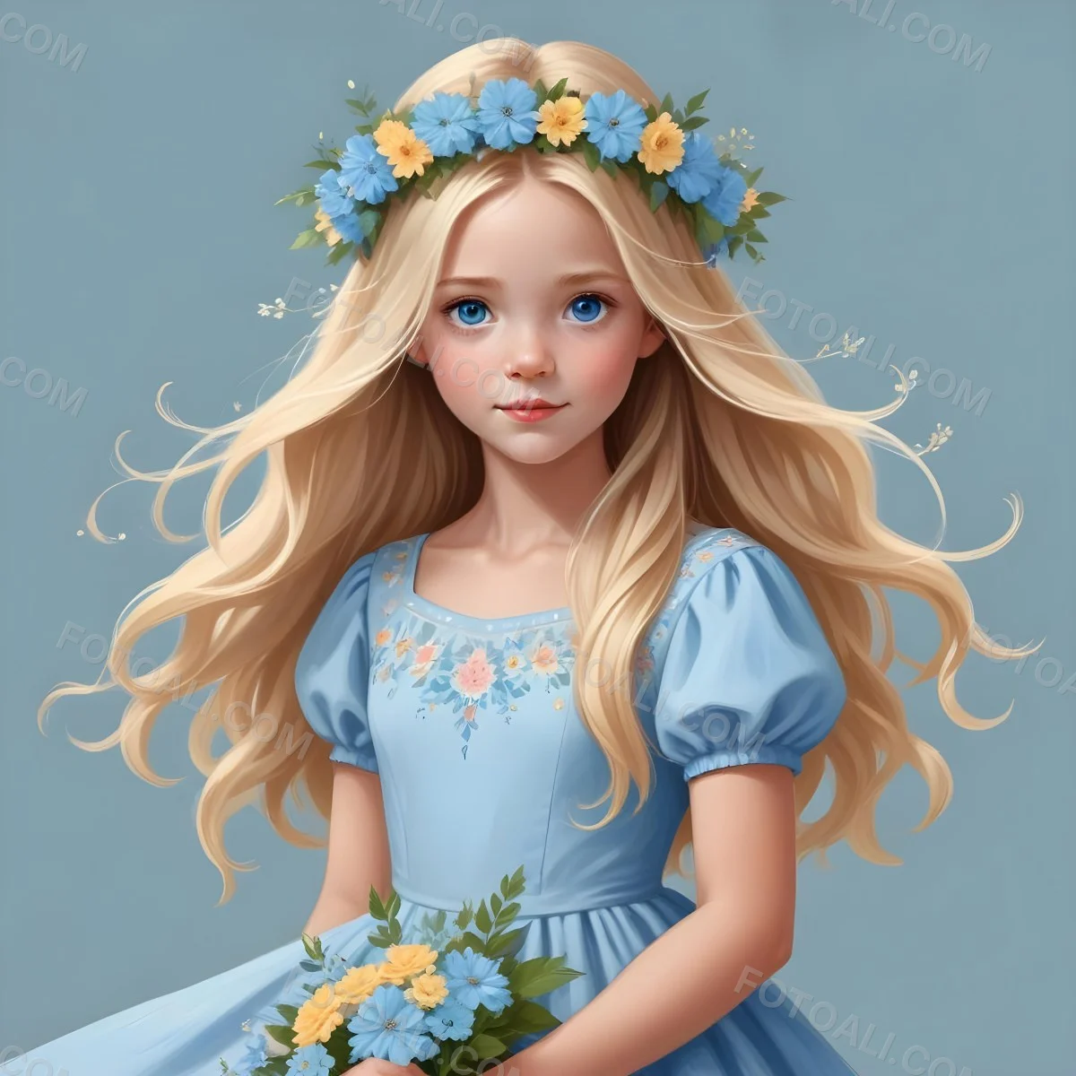 Digital Painting A Young Girl With Long Flowing Blonde Hair And Blue Eyes Wearing A Light Blue Dress Adorned With Floral Patterns She Holds A Bouquet Of Flowers And Wears A Floral Crown The Dress Has A Flared Skirt 31 Cb56