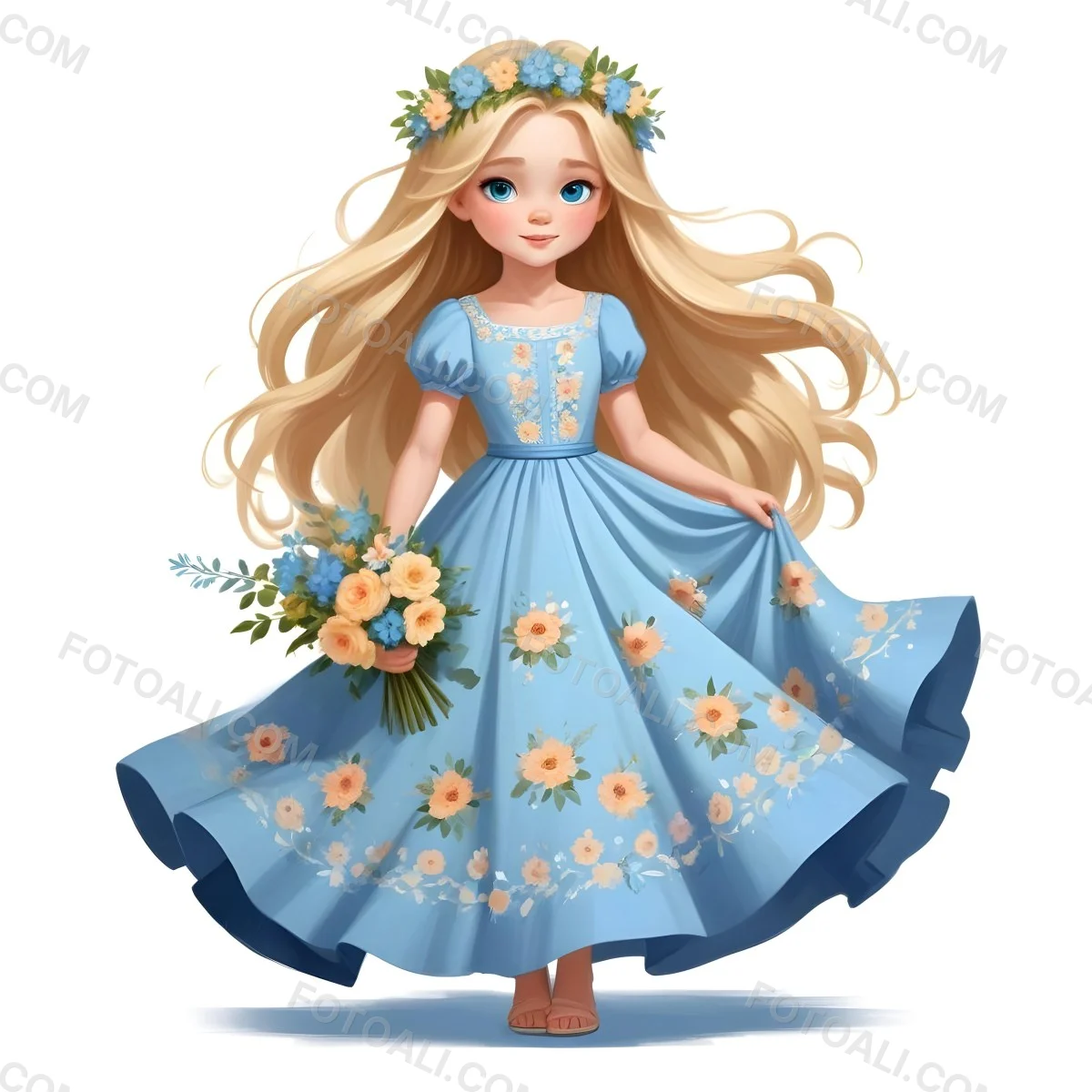 Digital Painting A Young Girl With Long Flowing Blonde Hair And Blue Eyes Wearing A Light Blue Dress Adorned With Floral Patterns She Holds A Bouquet Of Flowers And Wears A Floral Crown The Dress Has A Flared Skirt 32 Ba55