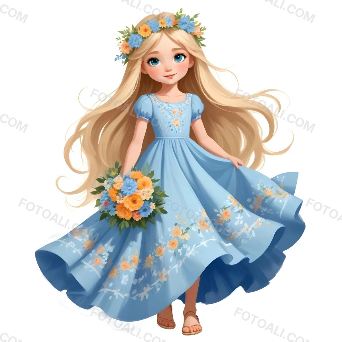 Digital Painting A Young Girl With Long Flowing Blonde Hair And Blue Eyes Wearing A Light Blue Dress Adorned With Floral Patterns She Holds A Bouquet Of Flowers And Wears A Floral Crown The Dress Has A Flared Skirt 39 58ae
