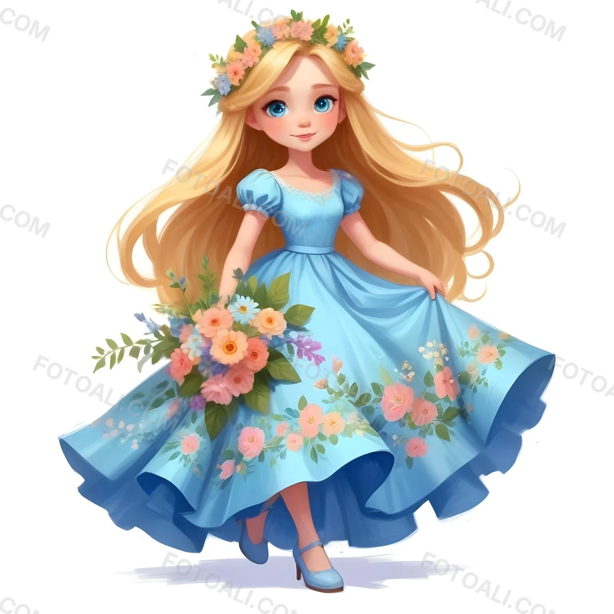 Digital Painting A Young Girl With Long Flowing Blonde Hair And Blue Eyes Wearing A Light Blue Dress Adorned With Floral Patterns She Holds A Bouquet Of Flowers And Wears A Floral Crown The Dress Has A Flared Skirt 40 44f1