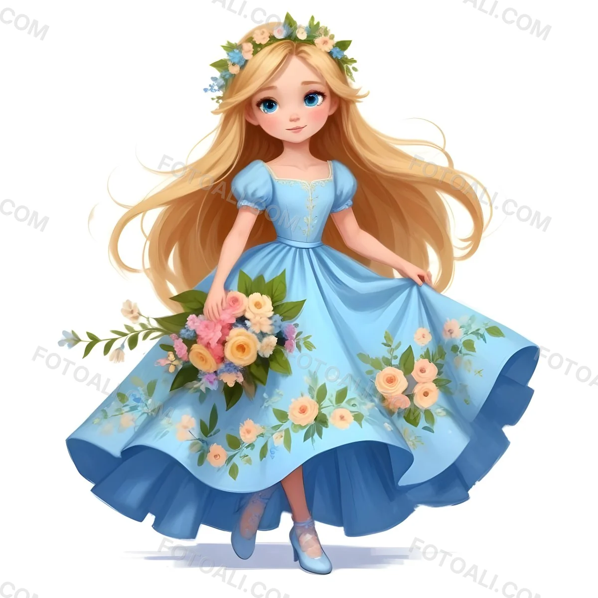 Digital Painting A Young Girl With Long Flowing Blonde Hair And Blue Eyes Wearing A Light Blue Dress Adorned With Floral Patterns She Holds A Bouquet Of Flowers And Wears A Floral Crown The Dress Has A Flared Skirt 46 176c