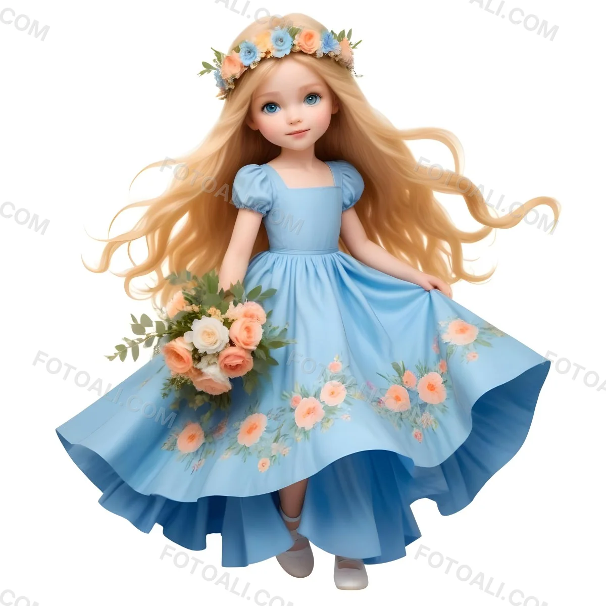 Digital Painting A Young Girl With Long Flowing Blonde Hair And Blue Eyes Wearing A Light Blue Dress Adorned With Floral Patterns She Holds A Bouquet Of Flowers And Wears A Floral Crown The Dress Has A Flared Skirt 5 8abc