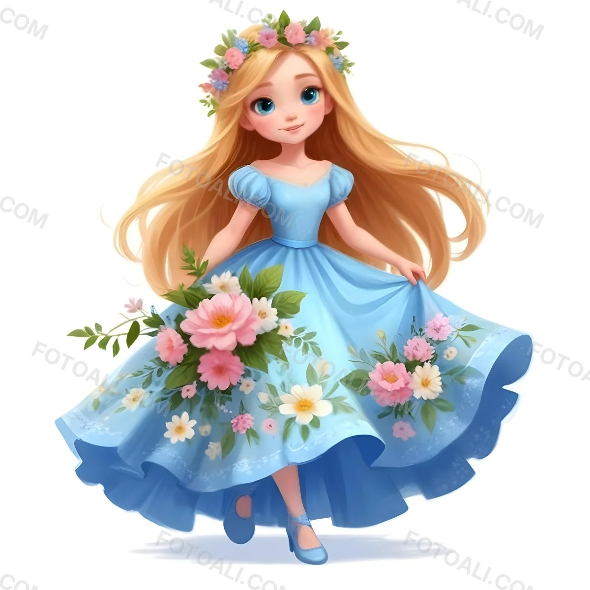 Digital Painting A Young Girl With Long Flowing Blonde Hair And Blue Eyes Wearing A Light Blue Dress Adorned With Floral Patterns She Holds A Bouquet Of Flowers And Wears A Floral Crown The Dress Has A Flared Skirt 51 Dbfe