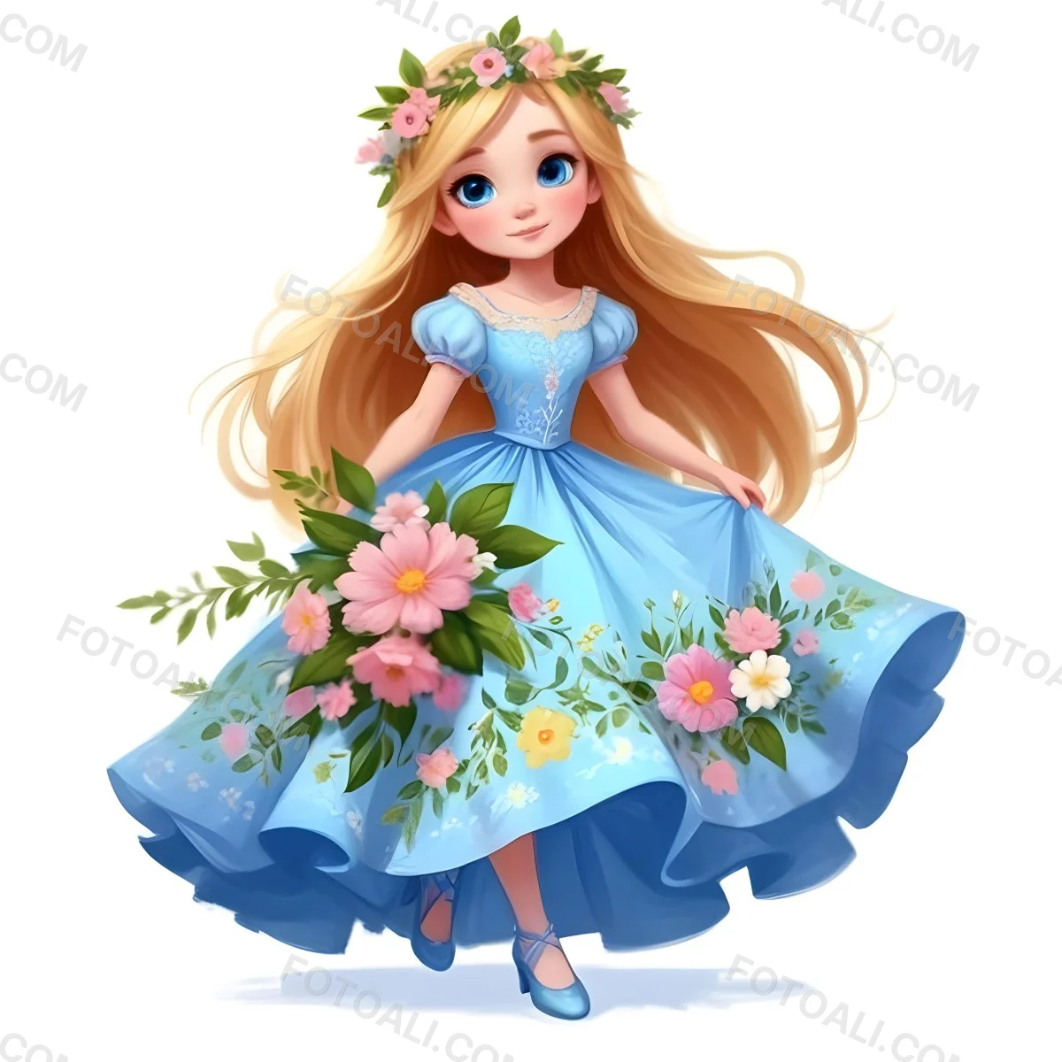 Digital Painting A Young Girl With Long Flowing Blonde Hair And Blue Eyes Wearing A Light Blue Dress Adorned With Floral Patterns She Holds A Bouquet Of Flowers And Wears A Floral Crown The Dress Has A Flared Skirt 53 10ac