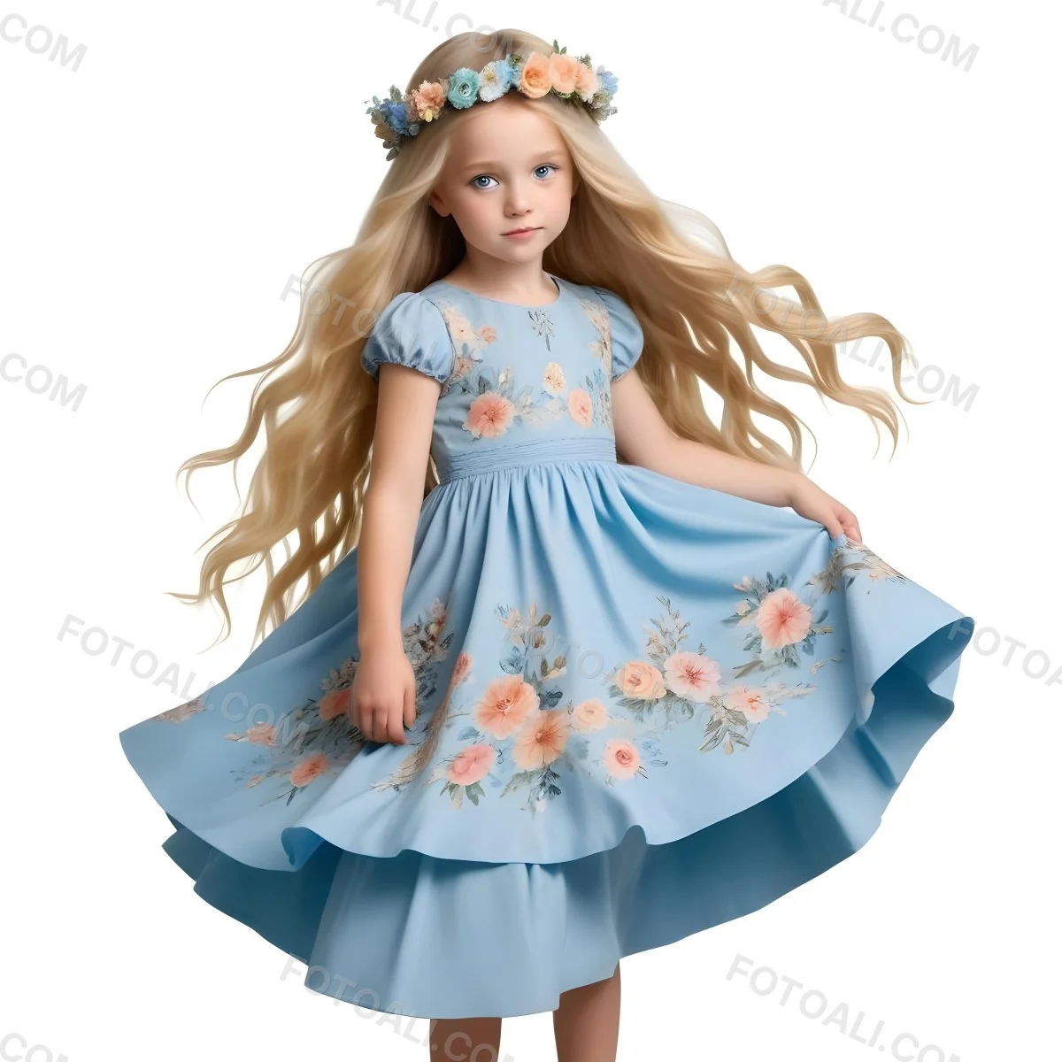 Digital Painting A Young Girl With Long Flowing Blonde Hair And Blue Eyes Wearing A Light Blue Dress Adorned With Floral Patterns She Holds A Bouquet Of Flowers And Wears A Floral Crown The Dress Has A Flared Skirt 8 F602