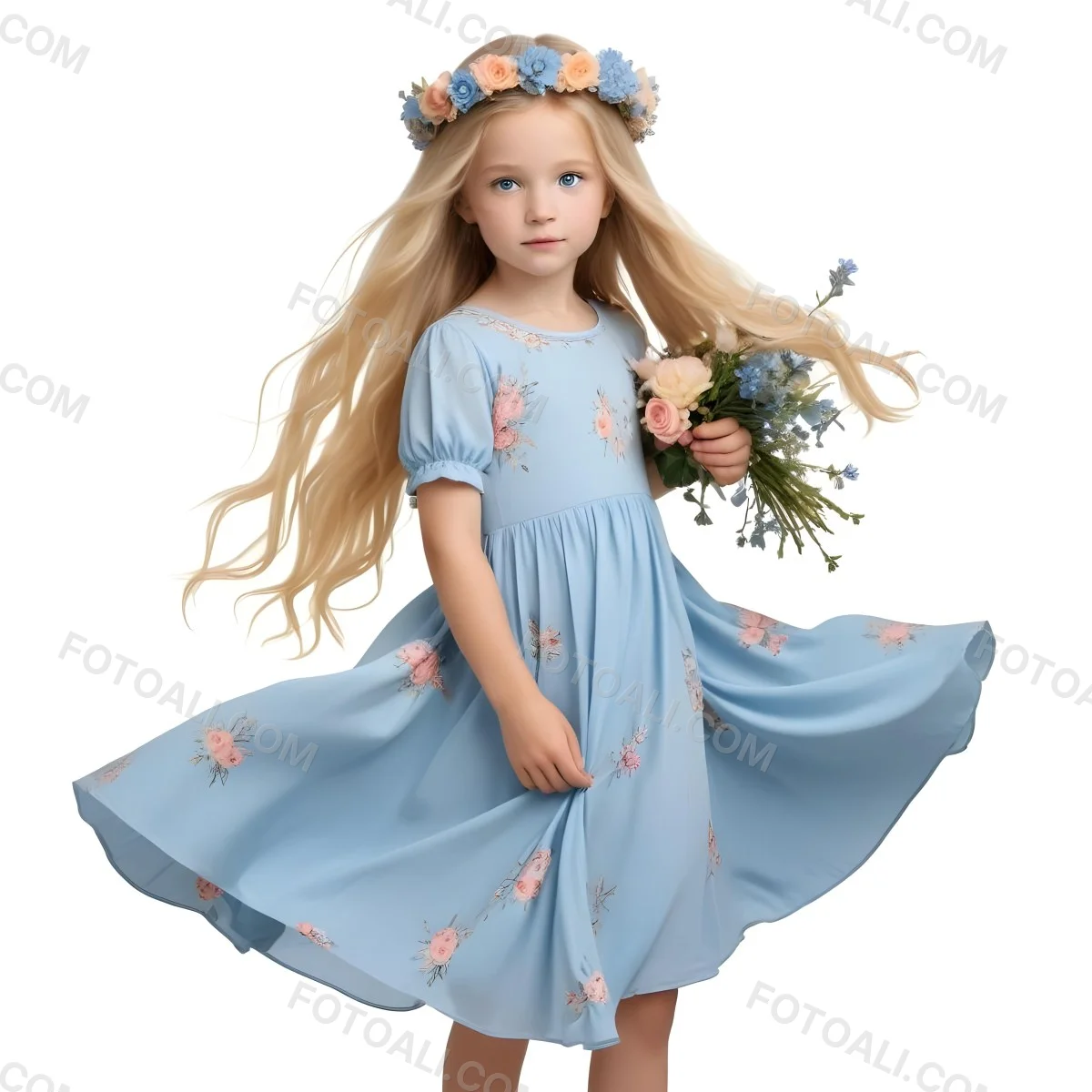 Digital Painting A Young Girl With Long Flowing Blonde Hair And Blue Eyes Wearing A Light Blue Dress Adorned With Floral Patterns She Holds A Bouquet Of Flowers And Wears A Floral Crown The Dress Has A Flared Skirt 9 9b09