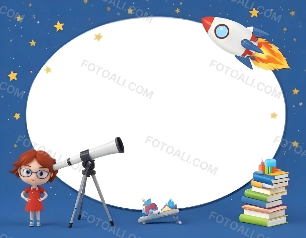 Digital Painting A Young Girl With Red Hair And Glasses Stands Next To A Telescope She Is Wearing A Blue Dress To The Right There Is A Colorful Rocket Ship Launching Into Space In The Foreground There Are Stacks Of B 1 Ef5a