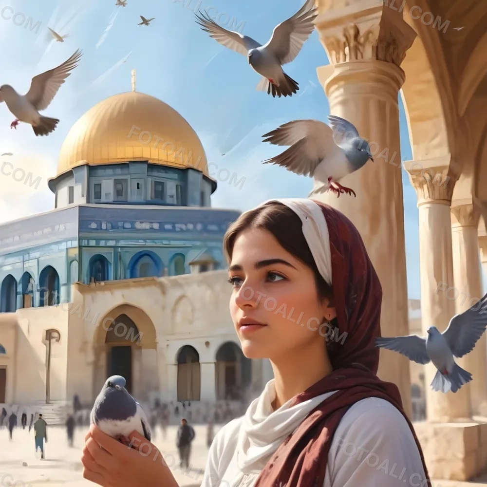 Digital Painting A Young Middle Eastern Girl Wearing Traditional Clothing Standing In Front Of The Dome Of The Rock In Jerusalem With Pigeons Flying Around Her And The Sun Shining In The Background Bold And Slim Lines 11 F8de