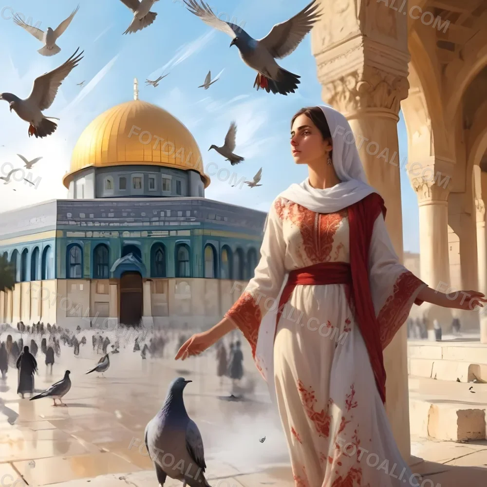Digital Painting A Young Middle Eastern Girl Wearing Traditional Clothing Standing In Front Of The Dome Of The Rock In Jerusalem With Pigeons Flying Around Her And The Sun Shining In The Background Bold And Slim Lines 12 6075