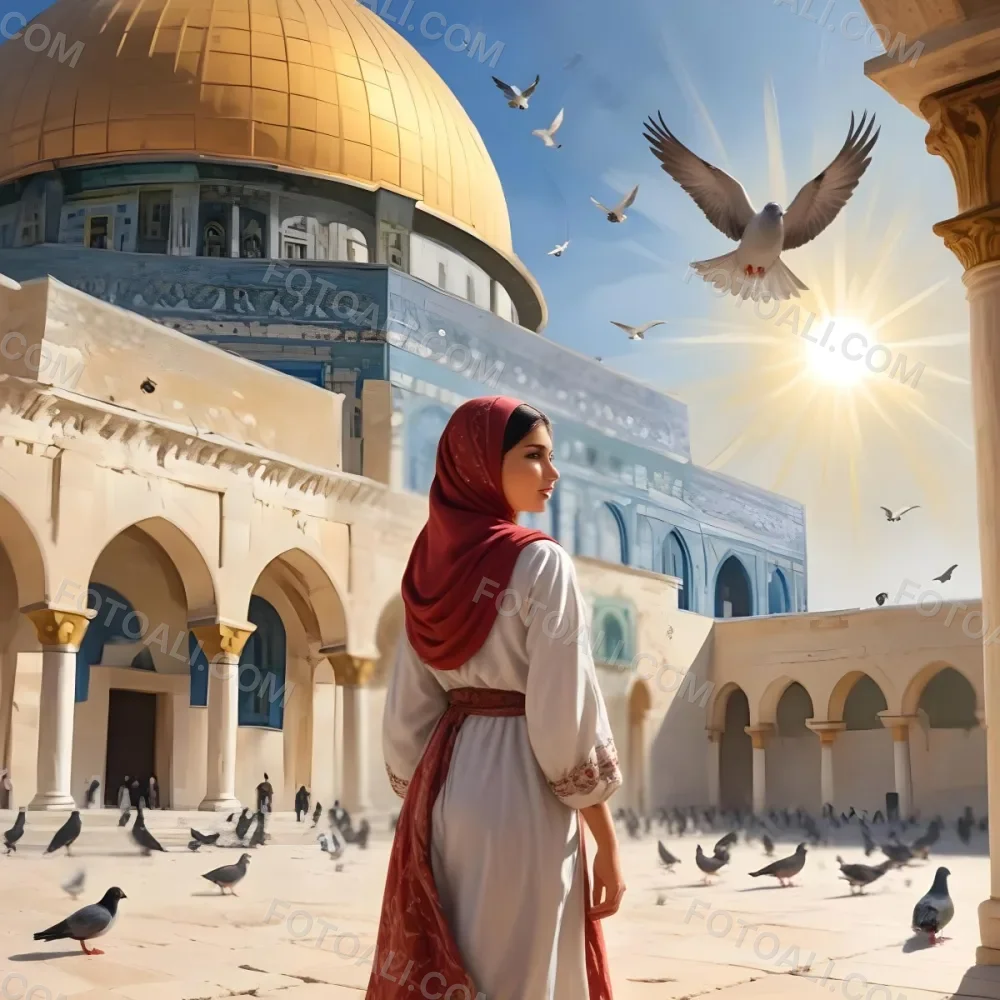Digital Painting A Young Middle Eastern Girl Wearing Traditional Clothing Standing In Front Of The Dome Of The Rock In Jerusalem With Pigeons Flying Around Her And The Sun Shining In The Background Bold And Slim Lines 13 E506